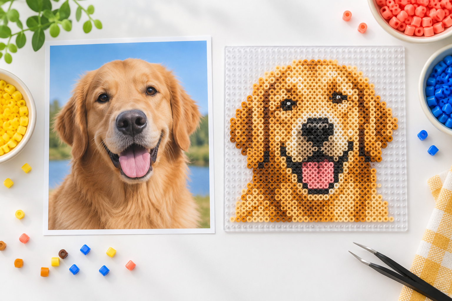A golden retriever photo beside a matching fuse-bead portrait